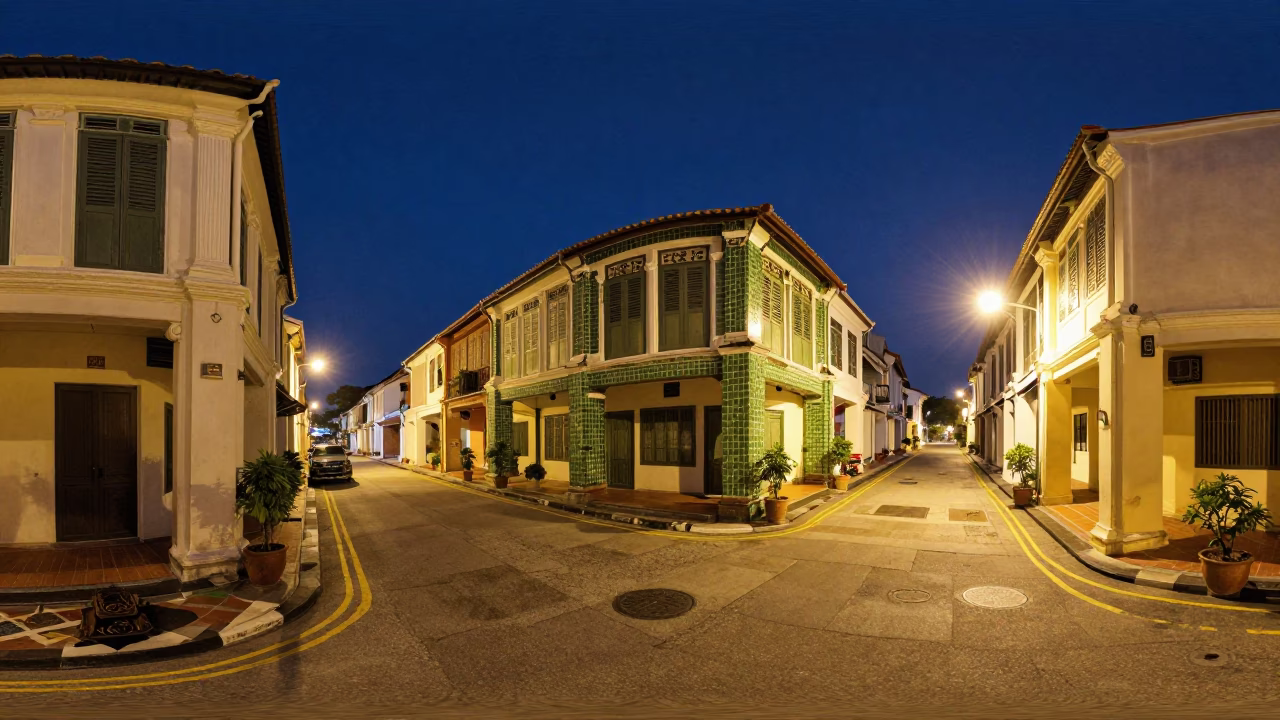 Midnight street scene in George Town Malaysia with historic shophouses and street vendors in in George Town, Malaysia