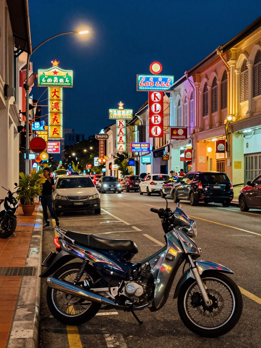 Midnight Street Scene in George Town Malaysia with Motorcycle and Neon Signs in in George Town, Malaysia