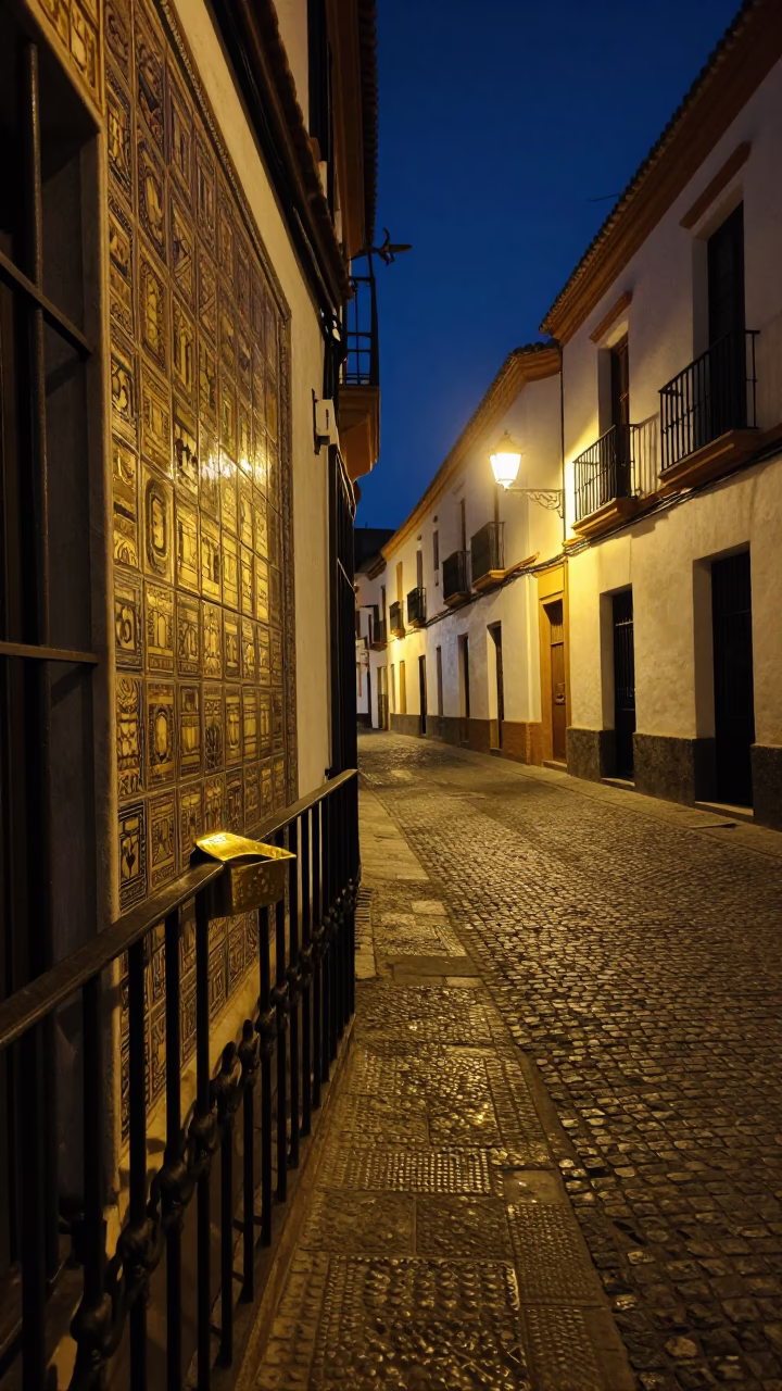 Midnight Street Scene in Granada Spain with Brass Tile and Pocket Watch in in Granada, Spain