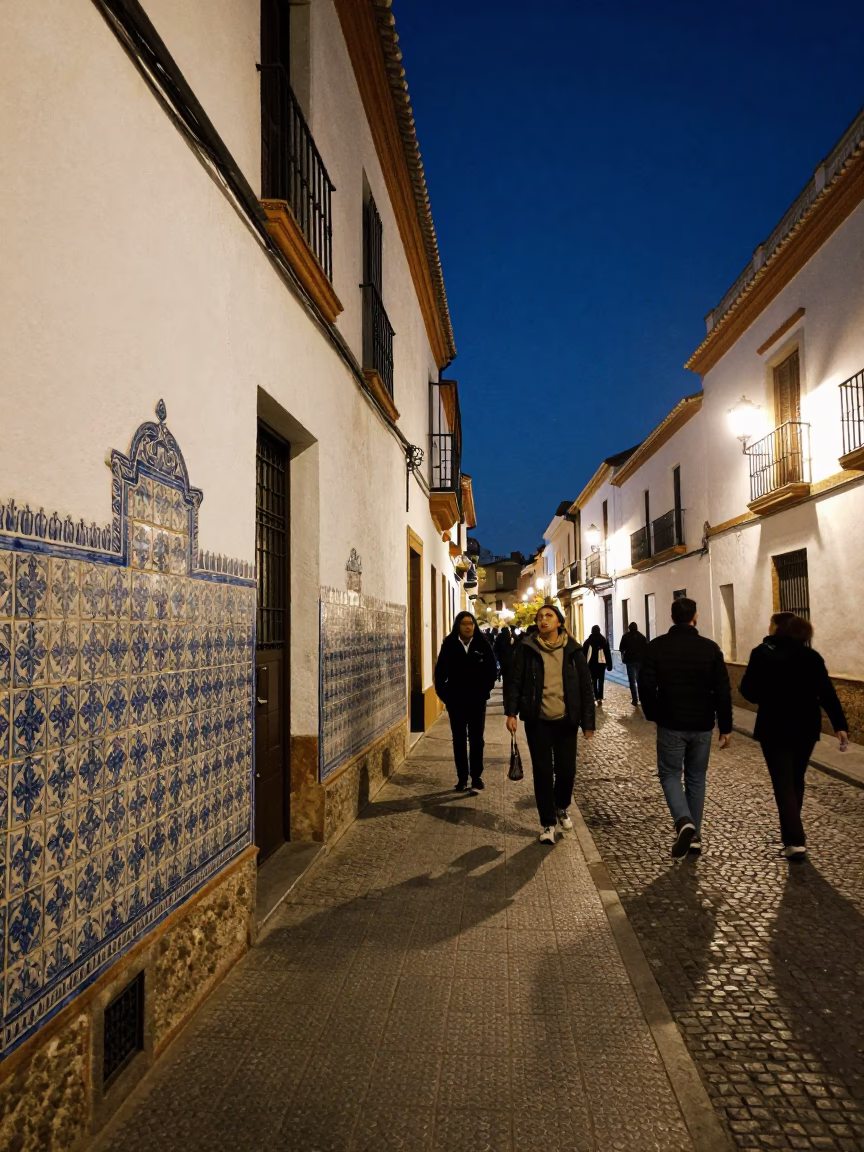 Midnight Street Scene in Granada Spain with Ceramic Tiles and Night Life in in Granada, Spain