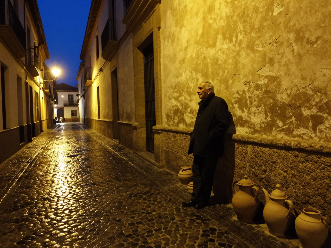 Midnight Street Scene in Granada Spain With Clay Teapot And Pottery Shard in in Granada, Spain