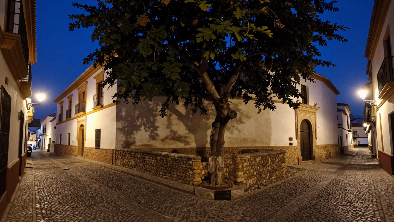 Midnight Street Scene in Granada Spain with Cobblestones and Fig Tree in in Granada, Spain