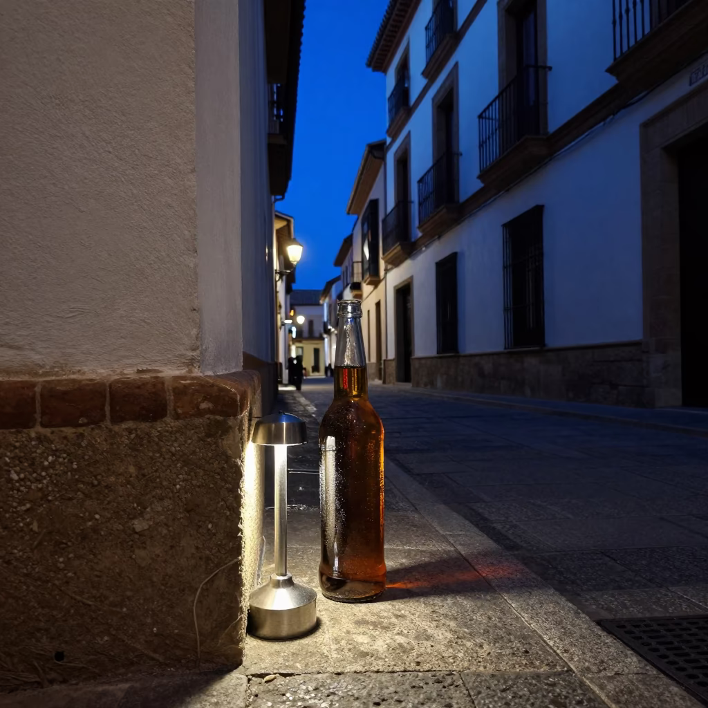 Midnight Street Scene in Granada Spain with Colored Glass Bottle and Brushed Steel Lamp in in Granada, Spain