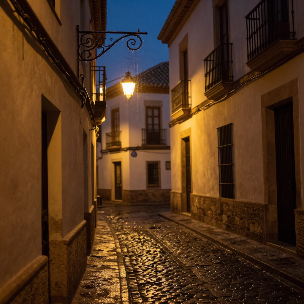 Midnight street scene in Granada Spain with condensation and quiet urban details in in Granada, Spain