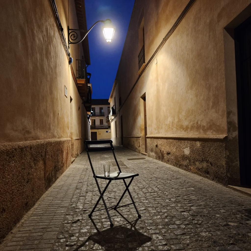 Midnight street scene in Granada Spain with folding chair and glass vases in in Granada, Spain