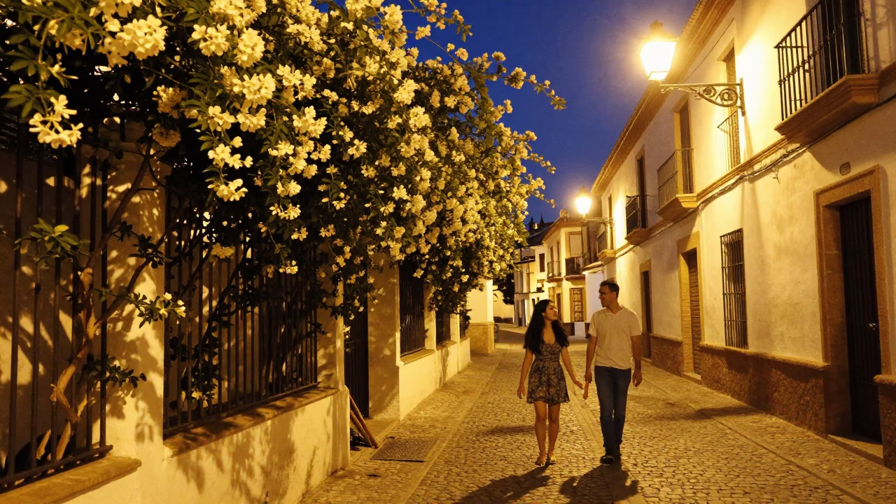 Midnight Street Scene in Granada Spain with Jasmine and Churros in in Granada, Spain