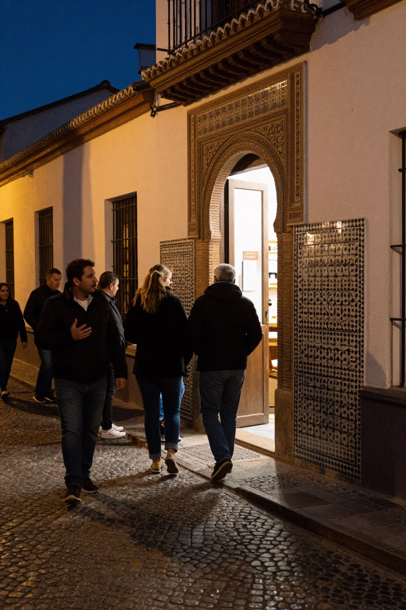 Midnight street scene in Granada Spain with locals and traditional mosaic tiles in in Granada, Spain