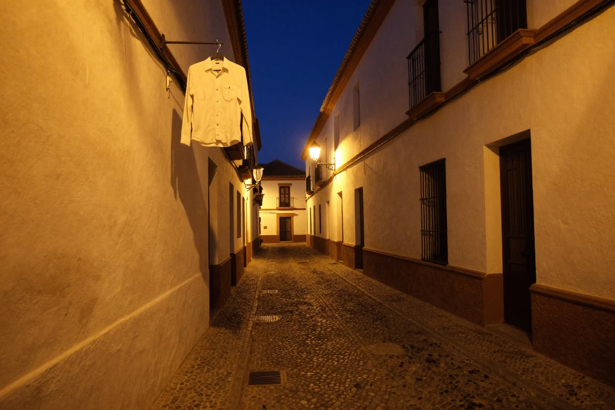 Midnight Street Scene in Granada Spain With Shirt Hanger And Glass Vase in in Granada, Spain