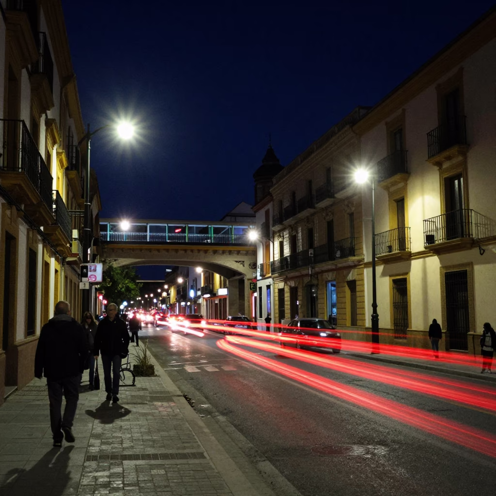 Midnight Street Scene in Granada Spain with Taillight Streaks and Local Activity in in Granada, Spain