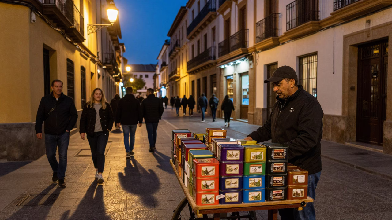 Midnight Street Scene in Granada Spain with Tin Box and Tourists in in Granada, Spain