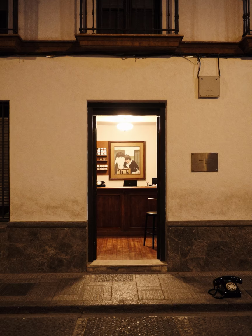 Midnight Street Scene in Granada Spain with Vintage Telephone and Steel Cabinet in in Granada, Spain
