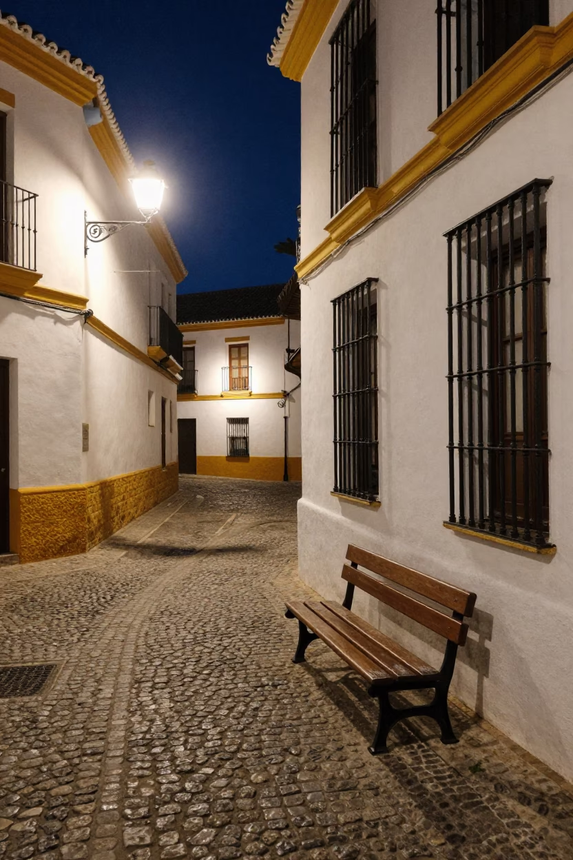Midnight Street Scene in Granada Spain with Window Light on Bench Slat in in Granada, Spain