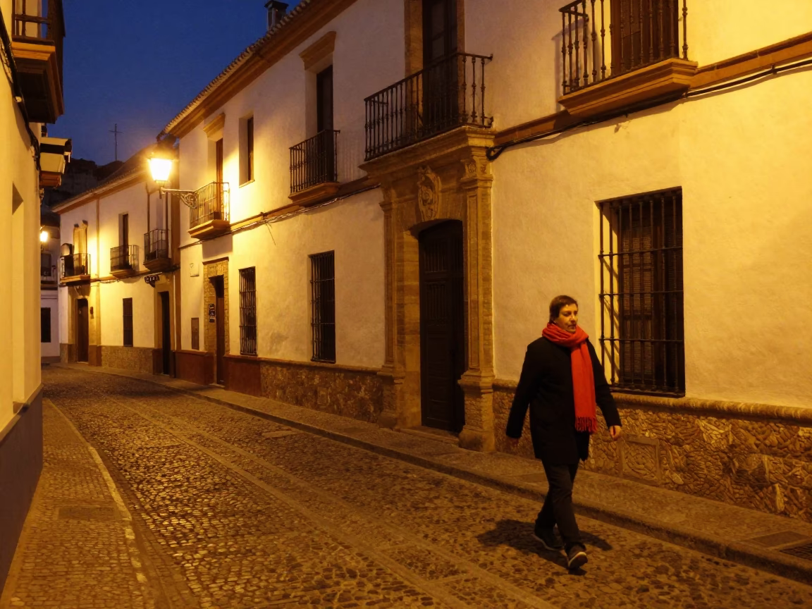 Midnight Street Scene in Granada Spain with Wool Scarves and Historic Architecture in in Granada, Spain
