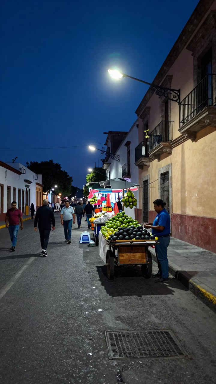 Midnight Street Scene in Guadalajara Mexico with Avocados and Local Market Activity in in Guadalajara, Mexico