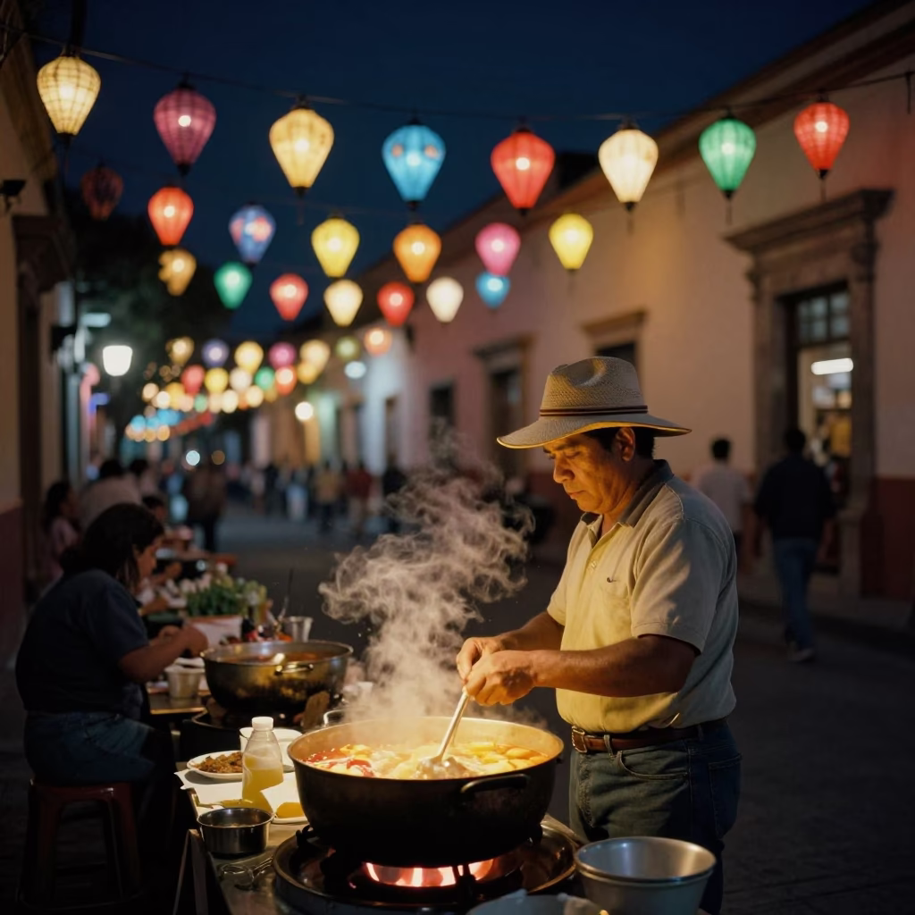 Midnight Street Scene in Guadalajara Mexico with Colorful Lanterns and Local Vendors in in Guadalajara, Mexico