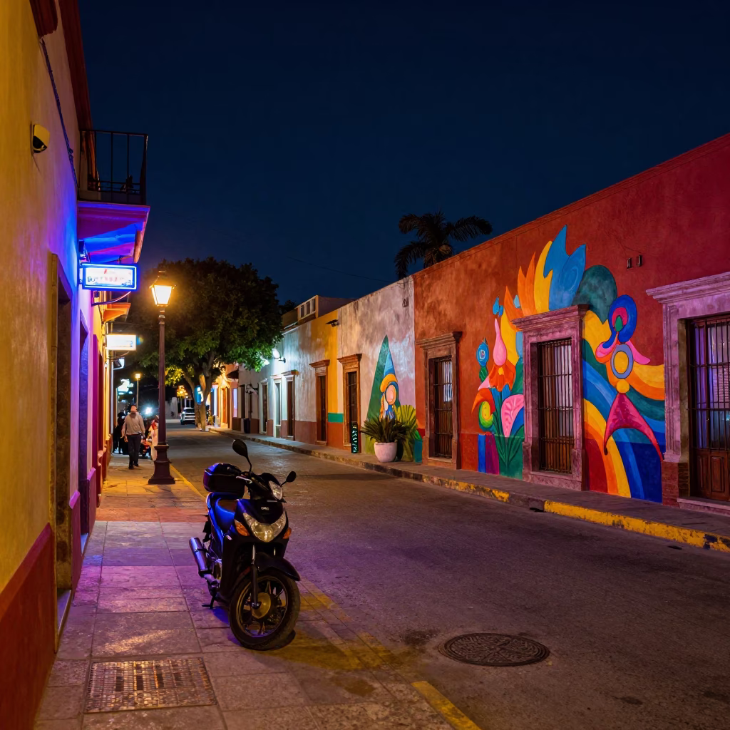 Midnight Street Scene in Guadalajara Mexico with Colorful Neon and Urban Details in in Guadalajara, Mexico