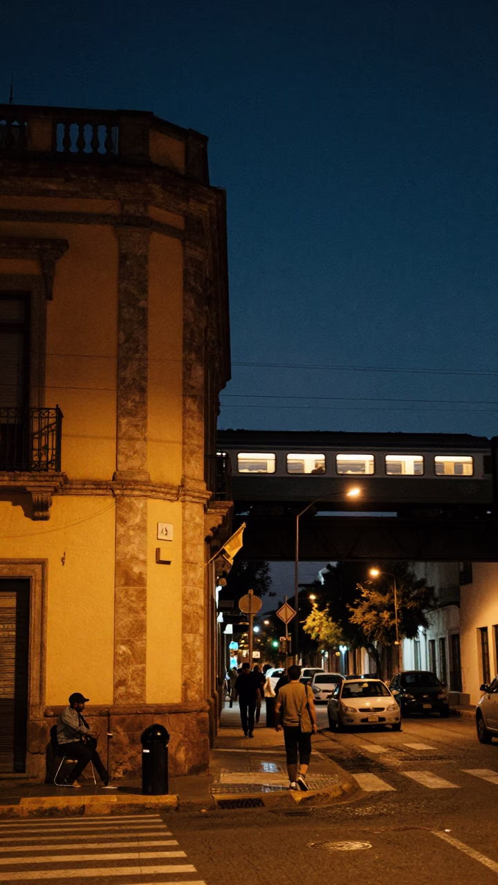 Midnight Street Scene in Guadalajara Mexico with Lit Windows and Urban Details in in Guadalajara, Mexico