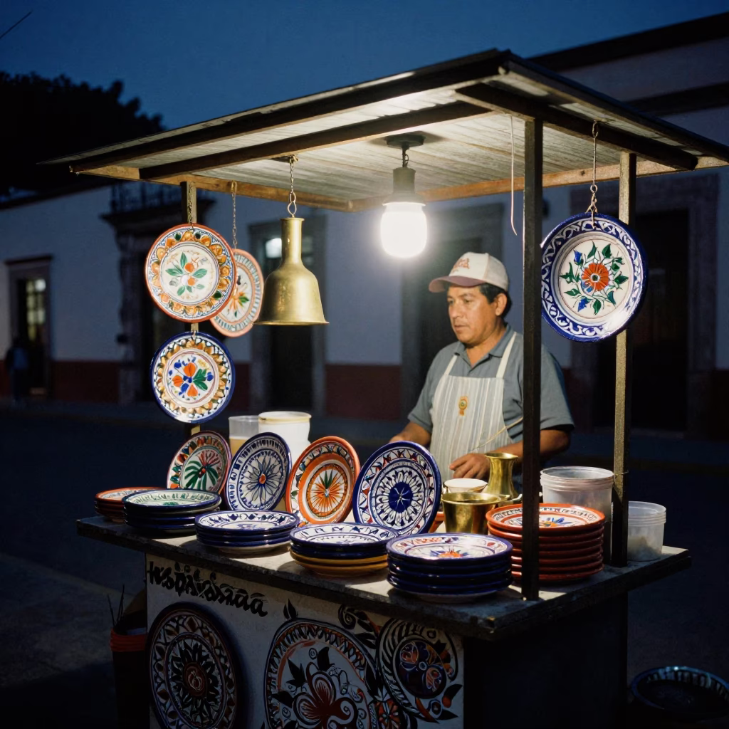 Midnight Street Scene in Guadalajara Mexico with Majolica Plates and Brass Shelf in in Guadalajara, Mexico