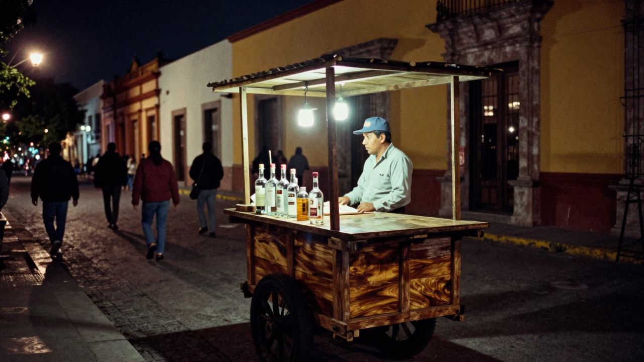 Midnight Street Scene in Guadalajara Mexico with Mezcal and Urban Details in in Guadalajara, Mexico