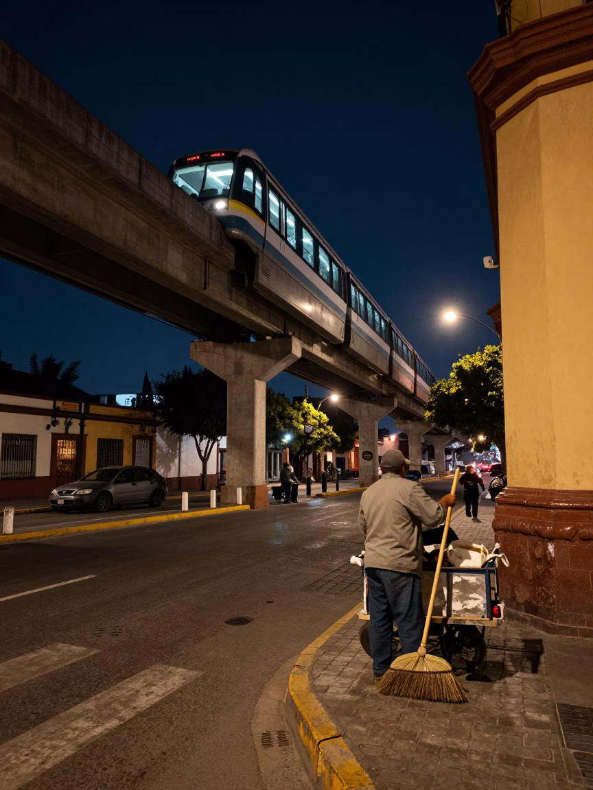 Midnight Street Scene in Guadalajara Mexico with Monorail and Hand Broom in in Guadalajara, Mexico