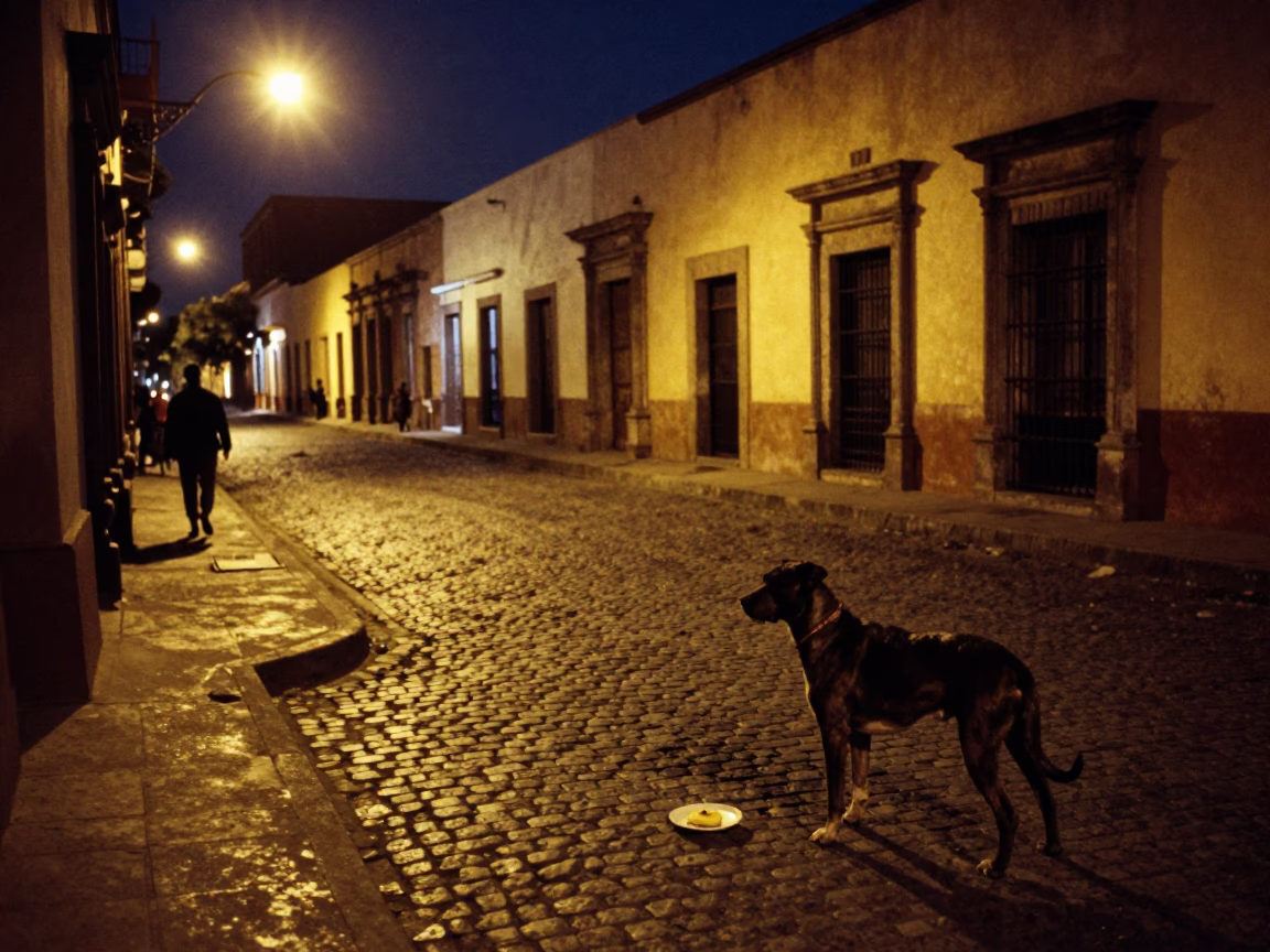Midnight Street Scene in Guadalajara Mexico with Neapolitan Mastiff and Dish Towel in in Guadalajara, Mexico