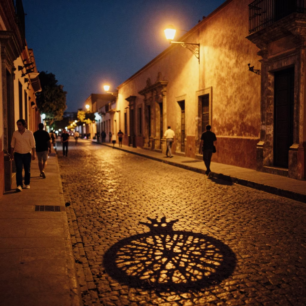 Midnight Street Scene in Guadalajara Mexico with Pomegranate and Wicker Shadow in in Guadalajara, Mexico