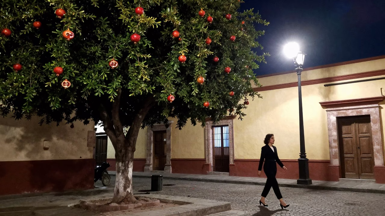 Midnight Street Scene in Guadalajara Mexico with Pomegranate Tree and Vintage Fashion in in Guadalajara, Mexico