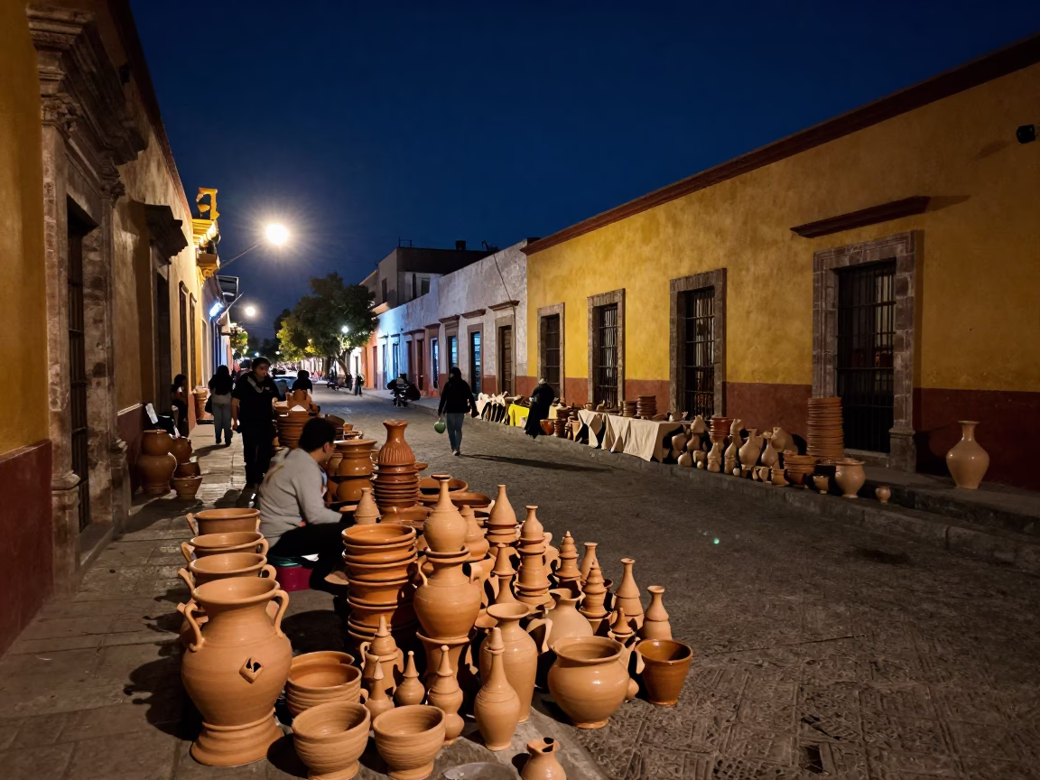 Midnight Street Scene in Guadalajara Mexico with Pottery Market Stacks and Oleander Hedge in in Guadalajara, Mexico