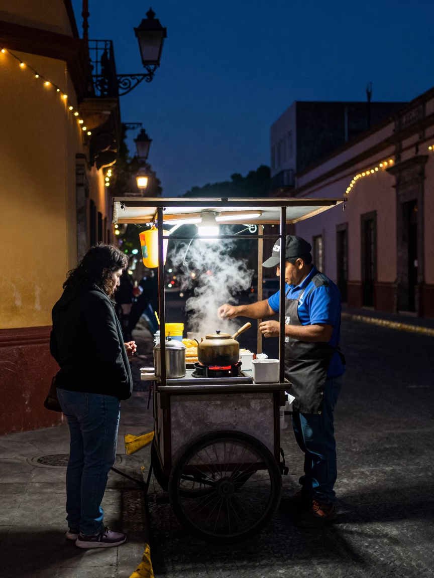 Midnight Street Scene in Guadalajara Mexico with String Lights and Kettle in in Guadalajara, Mexico