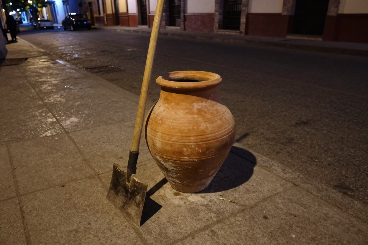 Midnight Street Scene in Guadalajara Mexico with Terracotta Pot and Hoe in in Guadalajara, Mexico