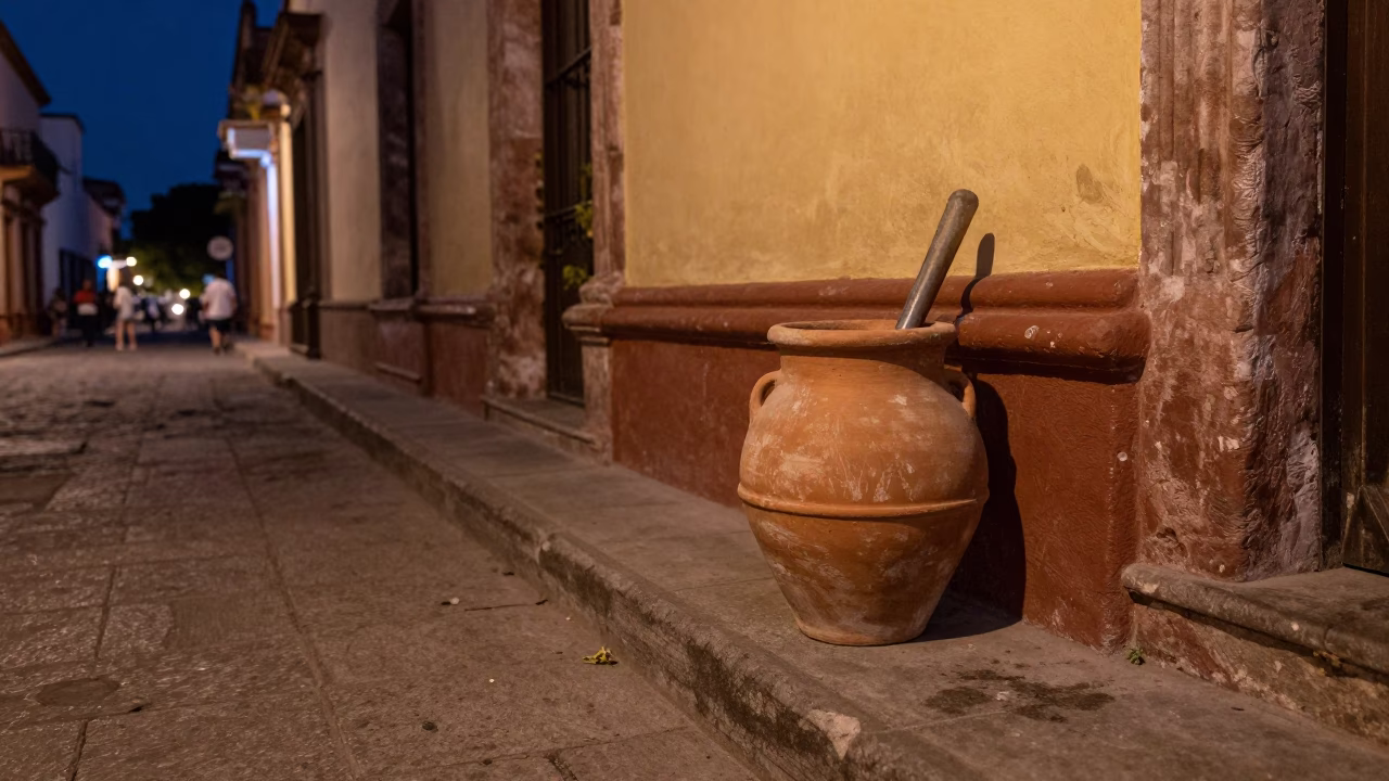 Midnight Street Scene in Guadalajara Mexico with Terracotta Pot and Tool Hooks in in Guadalajara, Mexico