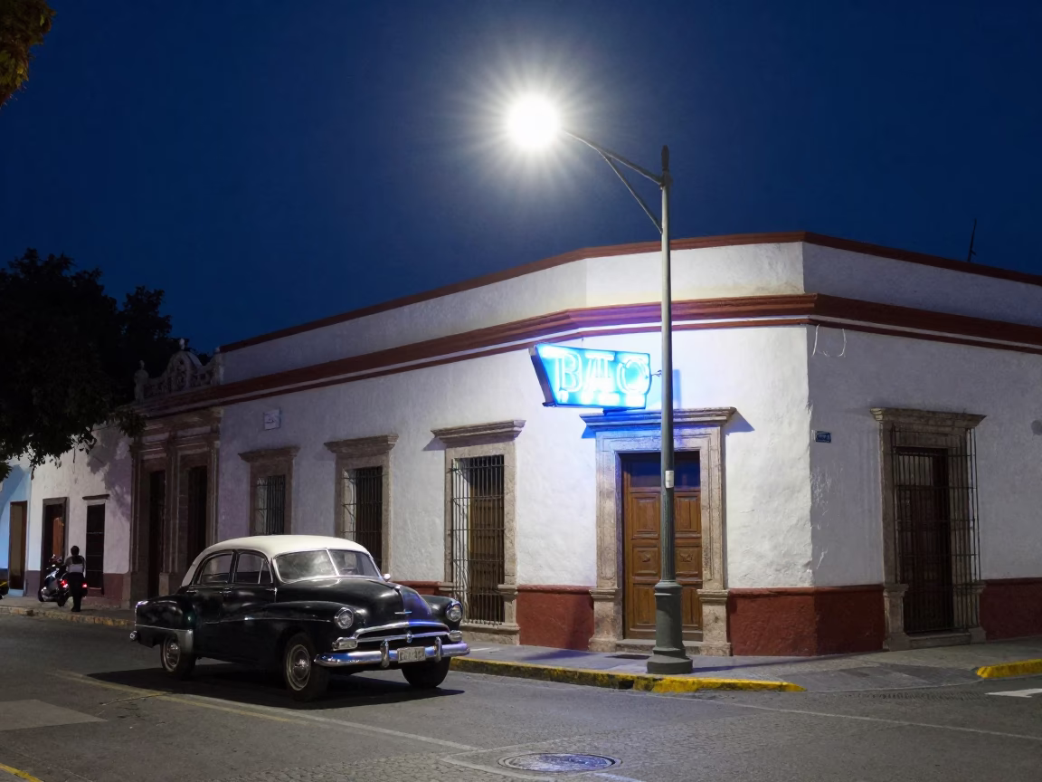 Midnight Street Scene in Guadalajara Mexico with Vintage Car and Neon Signs in in Guadalajara, Mexico