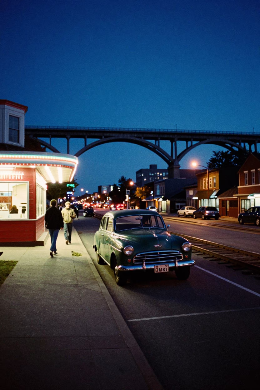 Midnight Street Scene in Halifax Nova Scotia with Vintage Car and Railway Viaduct in in Halifax, Nova Scotia, Canada
