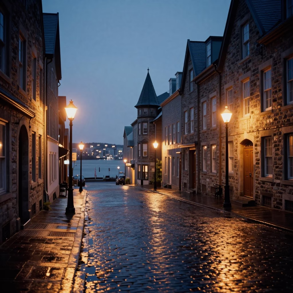 Midnight street scene in Halifax Nova Scotia with wet pavement and harbor lights in in Halifax, Nova Scotia, Canada