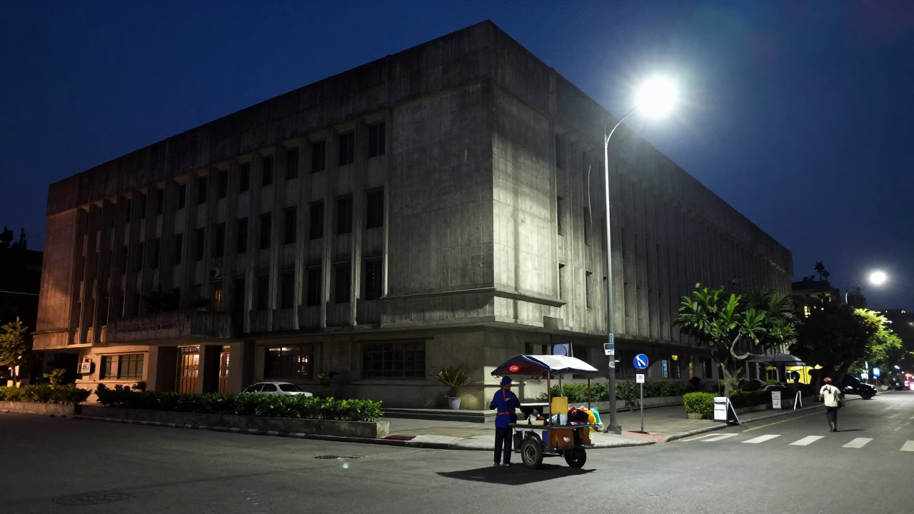 Midnight Street Scene in Hanoi Vietnam with Concrete Brutalist University Building and Local Activity in in Hanoi, Vietnam