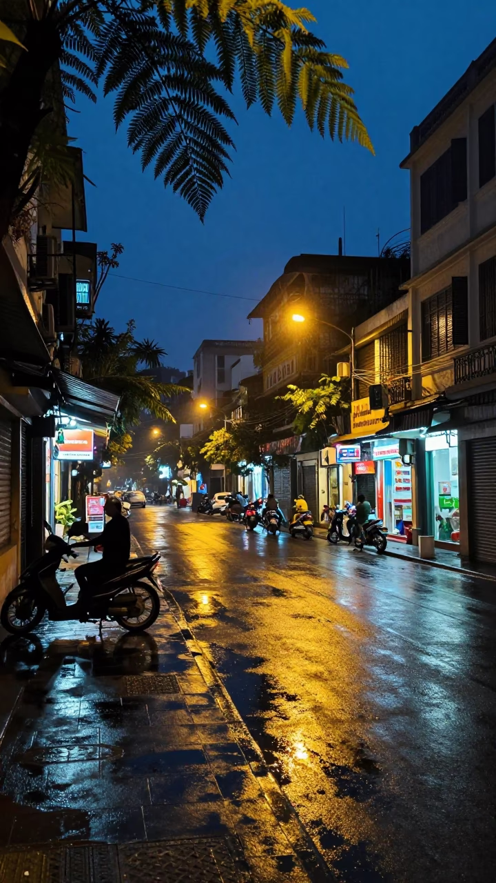 Midnight Street Scene in Hanoi Vietnam with Fern Fronds and Urban Light in in Hanoi, Vietnam