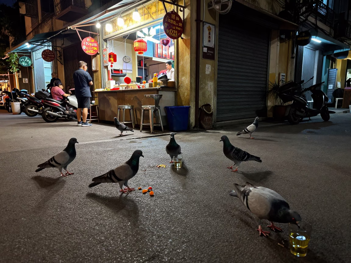 Midnight Street Scene in Hanoi Vietnam with Pigeons and Glass Drinking Vessel in in Hanoi, Vietnam