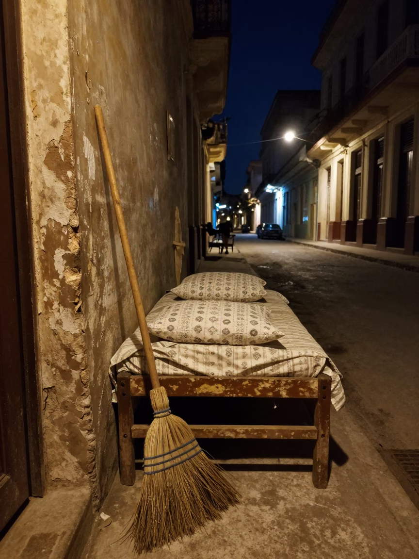 Midnight Street Scene in Havana Cuba with Broom and Pillow Covers in in Havana, Cuba