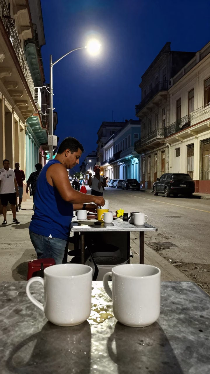 Midnight Street Scene in Havana Cuba with Ceramic Mugs and Drying Rack in in Havana, Cuba