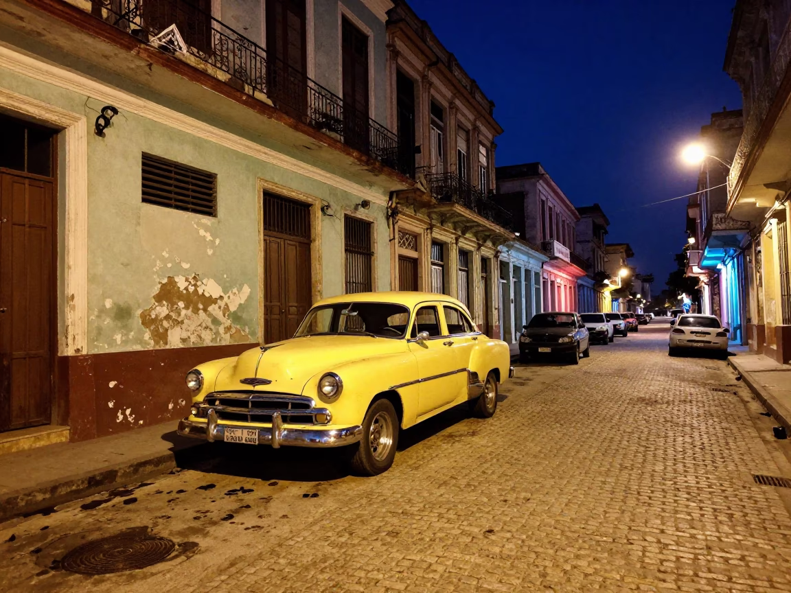 Midnight Street Scene in Havana Cuba with Vintage Car and Neon Sign in in Havana, Cuba