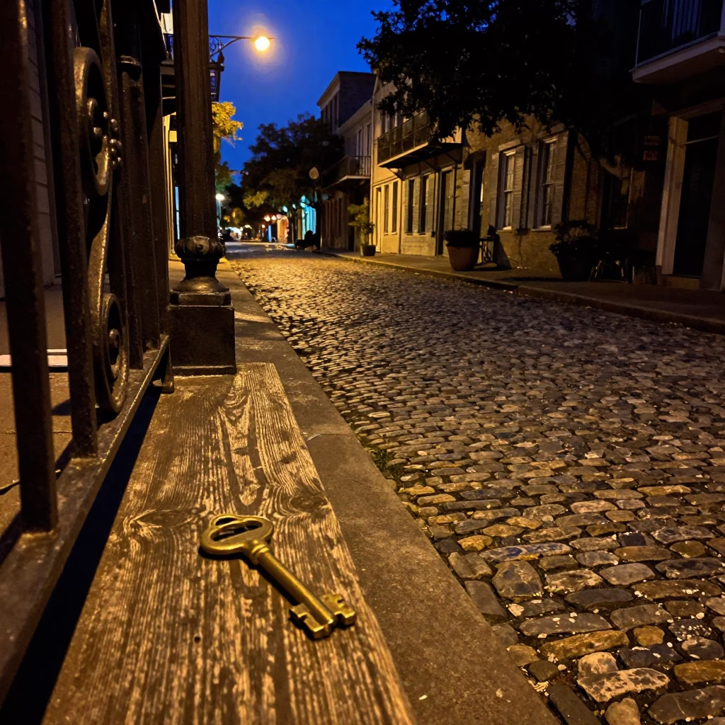 Midnight Street Scene in Historic Charleston South Carolina with Vintage Key Blank on Porch in in Charleston, South Carolina, United States