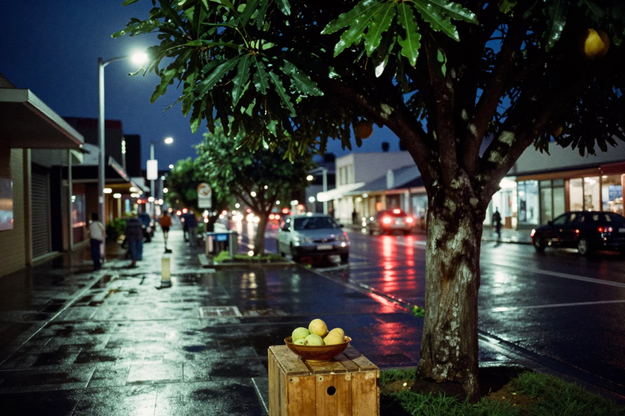 Midnight Street Scene in Hobart Tasmania Australia with Fig Tree and Fruit Bowl in in Hobart, Tasmania, Australia