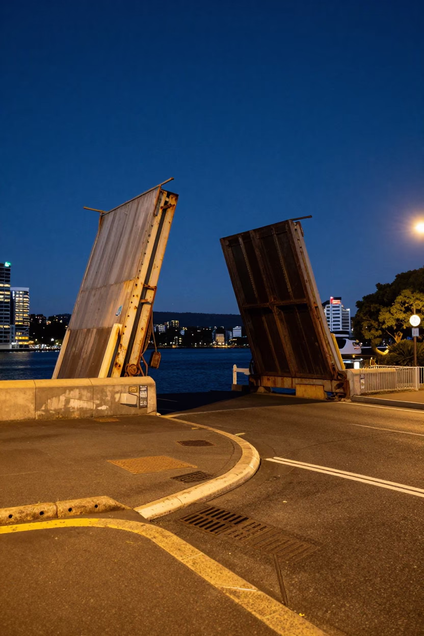Midnight Street Scene in Hobart Tasmania Australia with Rusted Drawbridge and Urban Decay in in Hobart, Tasmania, Australia
