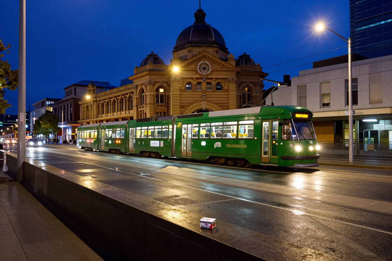 Midnight Street Scene in Hobart Tasmania Australia with Tram and Urban Details in in Hobart, Tasmania, Australia