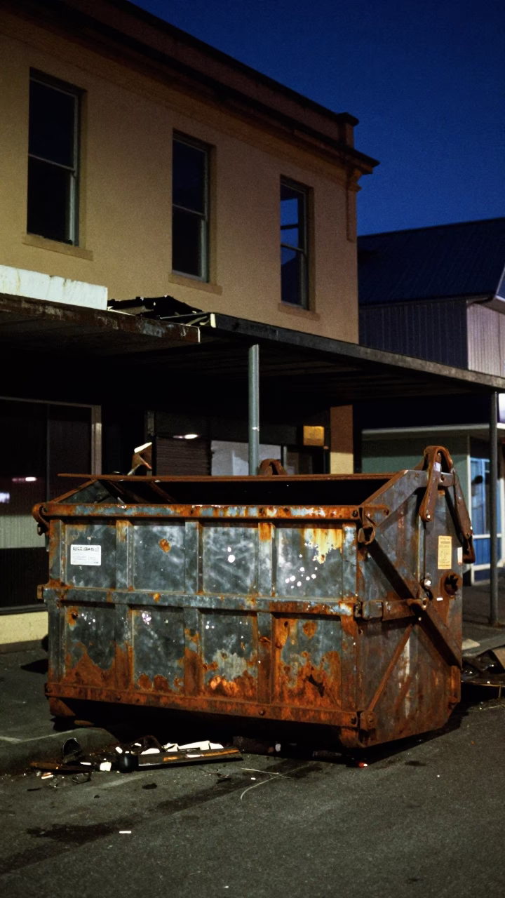 Midnight Street Scene in Hobart Tasmania Featuring Demolition Dumpster and Rust in in Hobart, Tasmania, Australia
