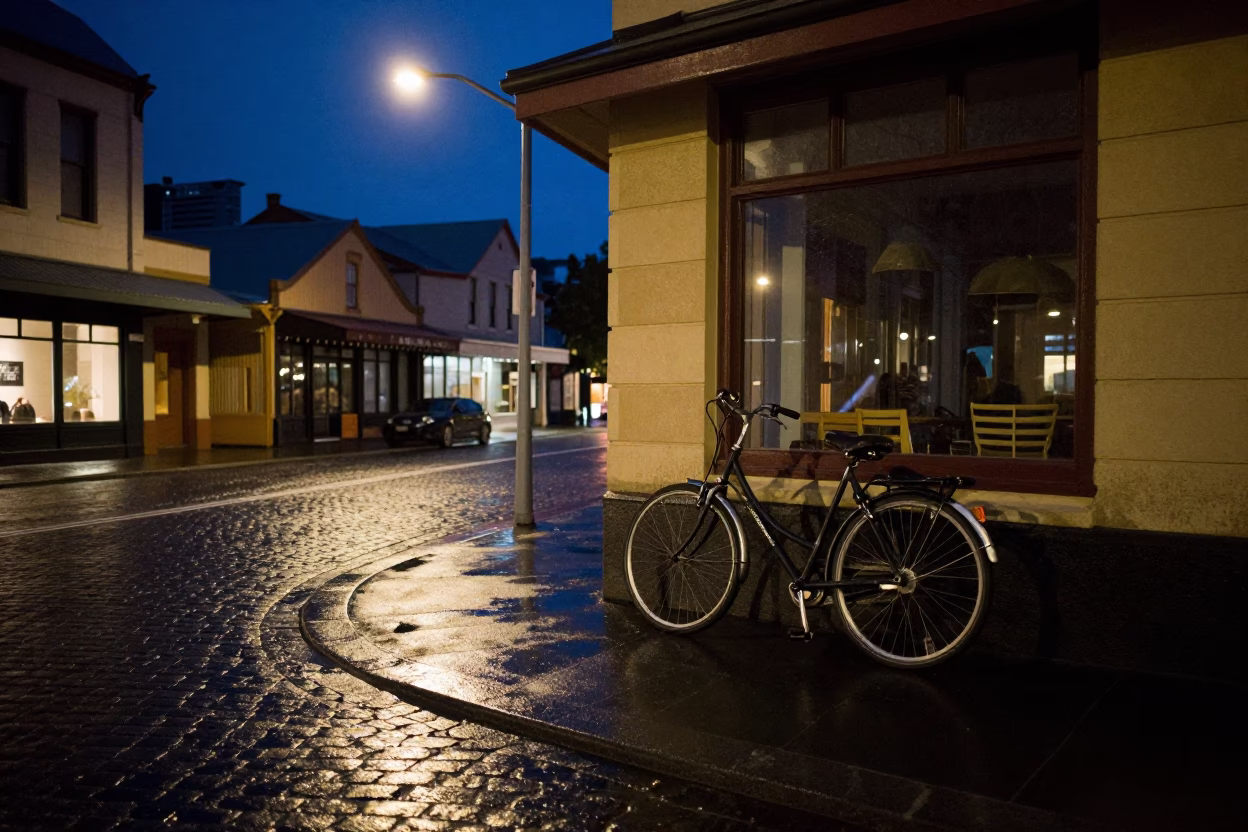 Midnight Street Scene in Hobart Tasmania With Bicycle Leaning Against Cafe Window in in Hobart, Tasmania, Australia