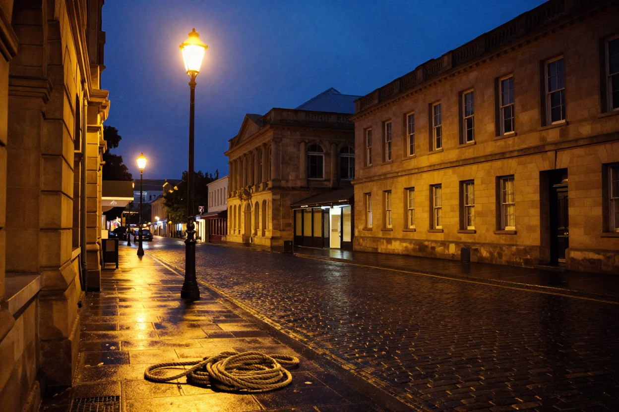 Midnight street scene in Hobart Tasmania with coiled rope and lampshade in in Hobart, Tasmania, Australia