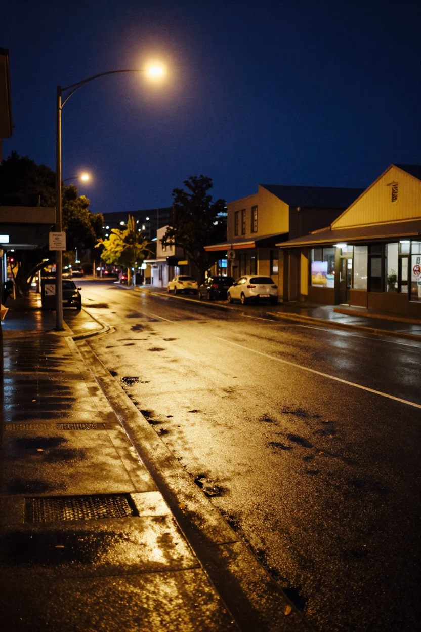 Midnight street scene in Hobart Tasmania with leaf shadows and urban details in in Hobart, Tasmania, Australia