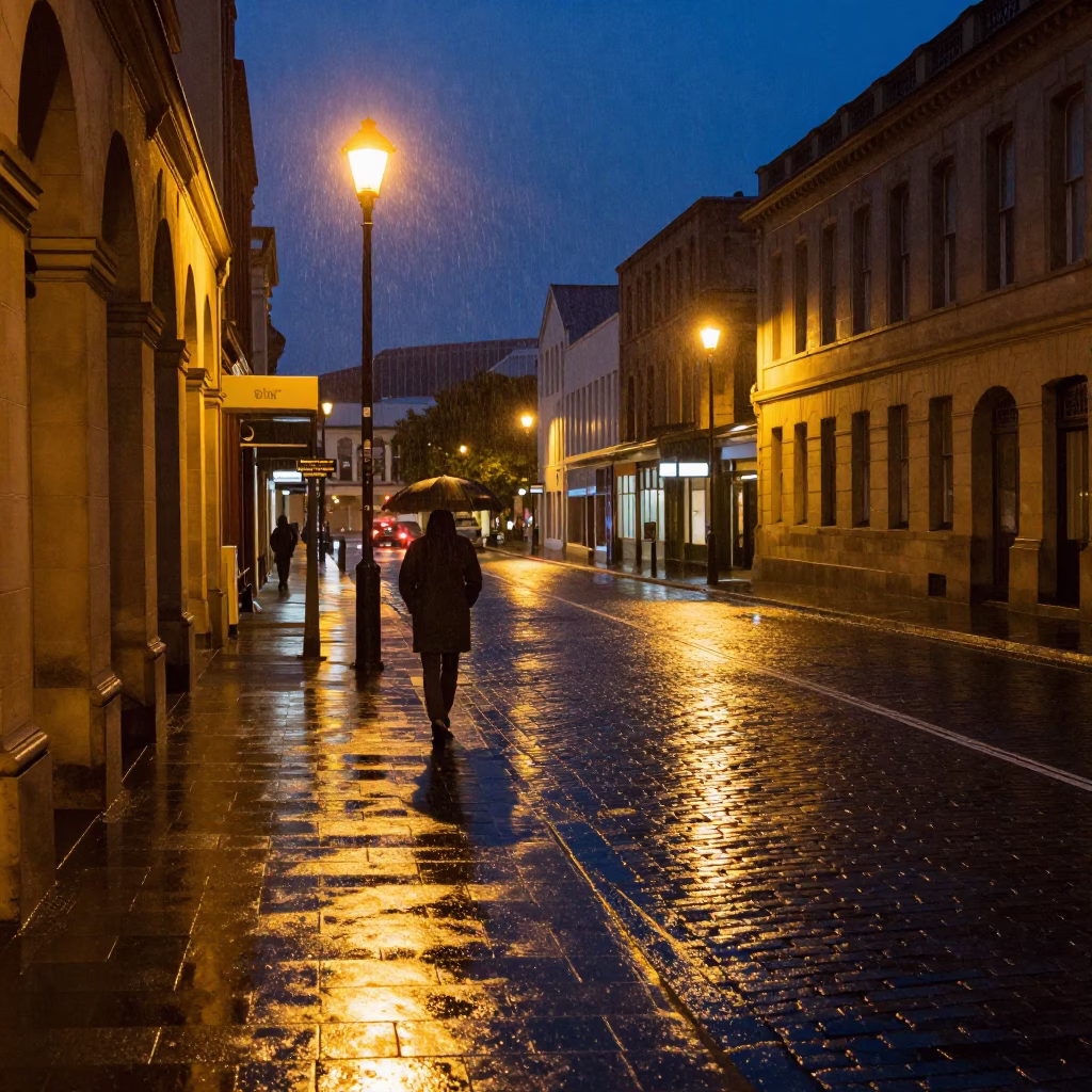 Midnight street scene in Hobart Tasmania with rain slicked pavement and historic colonial architecture in in Hobart, Tasmania, Australia