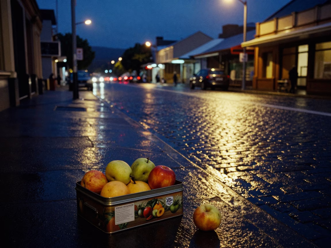 Midnight Street Scene in Hobart Tasmania with Tin Box and Fruit Knife in in Hobart, Tasmania, Australia